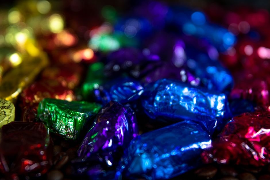 Close-up of colorful foil-wrapped candies for a candy gift basket