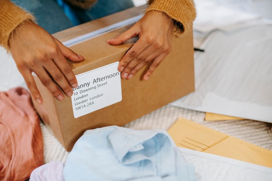 Care package box being prepared for shipping
