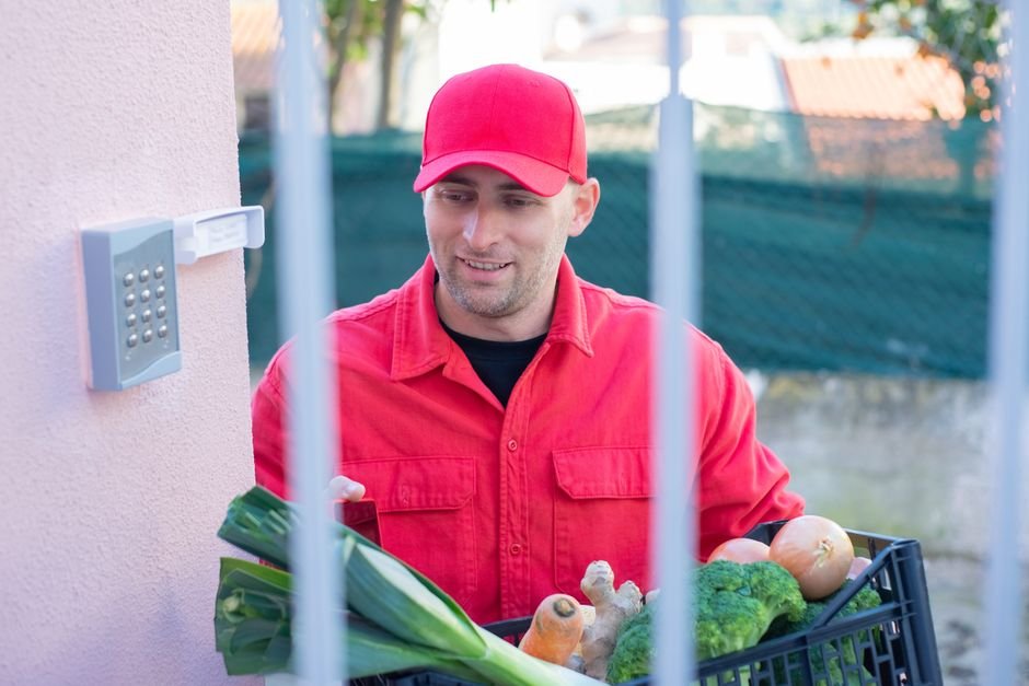 Delivery person bringing a fresh food order to a doorstep