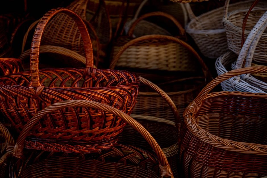 Handcrafted wicker baskets with woven patterns