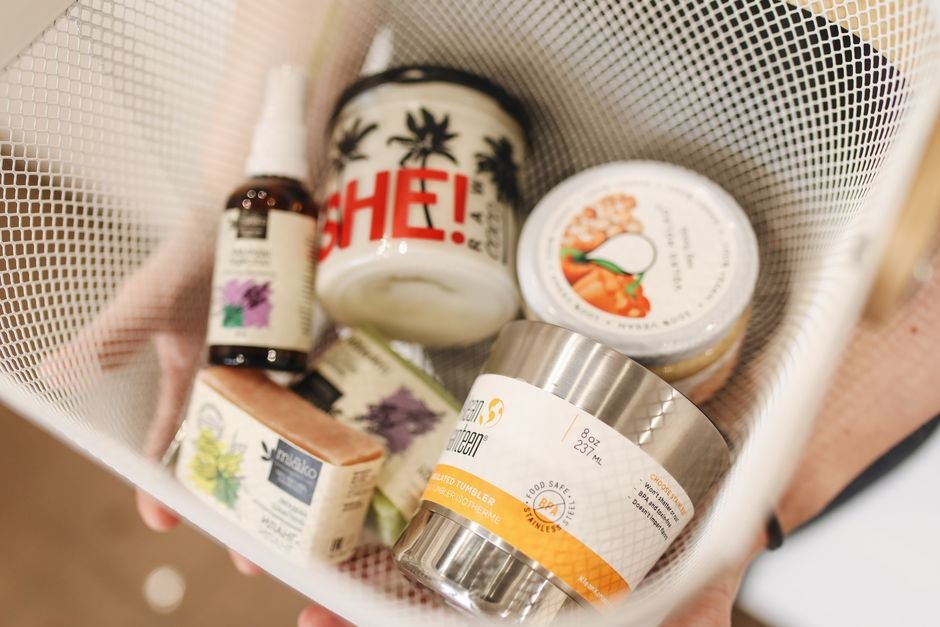 Self-care items arranged for a thoughtful postpartum care package