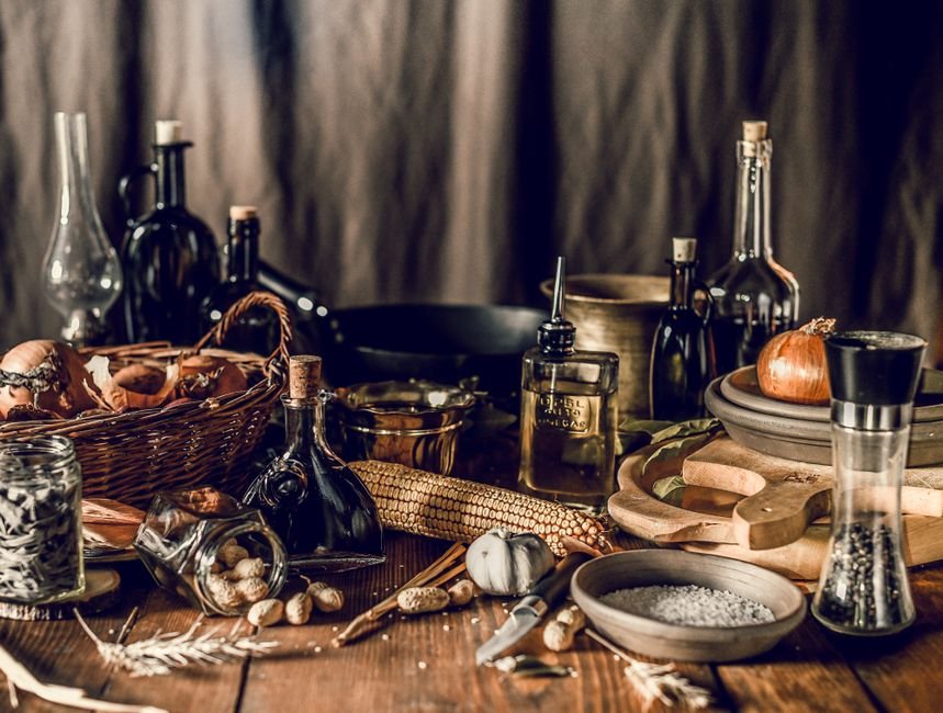 A rustic kitchen still life with oils and spices, the kind of kitchen presents gift-givers look for